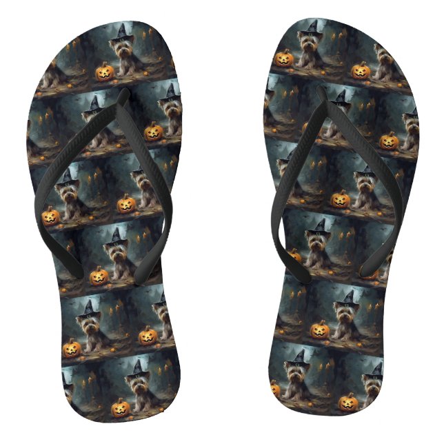 Yorkshire Terrier Pumpkins Halloween Scary  Flip Flops (Footbed)