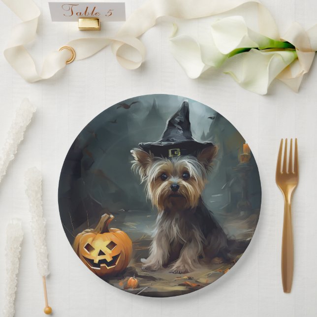 Yorkshire Terrier Pumpkins Halloween Scary  Paper Plate (Wedding)
