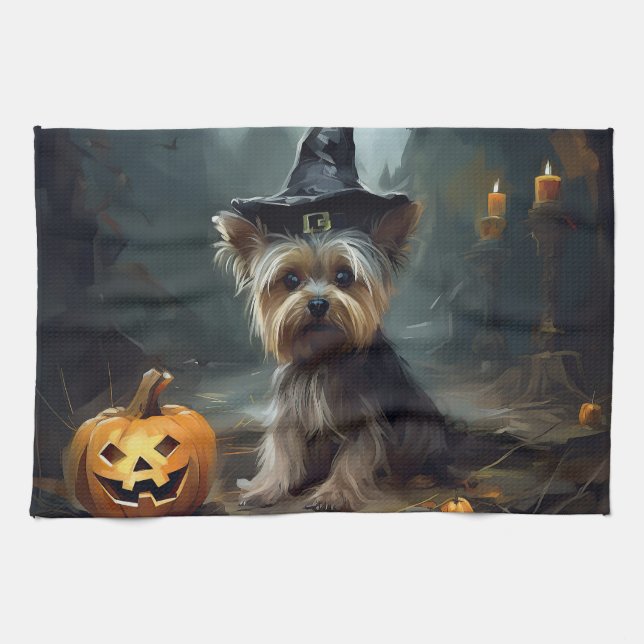 Yorkshire Terrier Pumpkins Halloween Scary  Tea Towel (Horizontal)