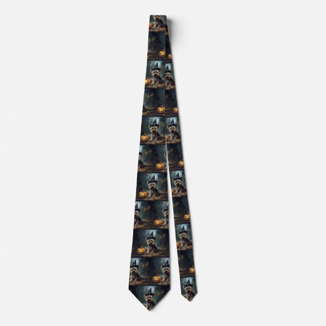 Yorkshire Terrier Pumpkins Halloween Scary  Tie (Front)