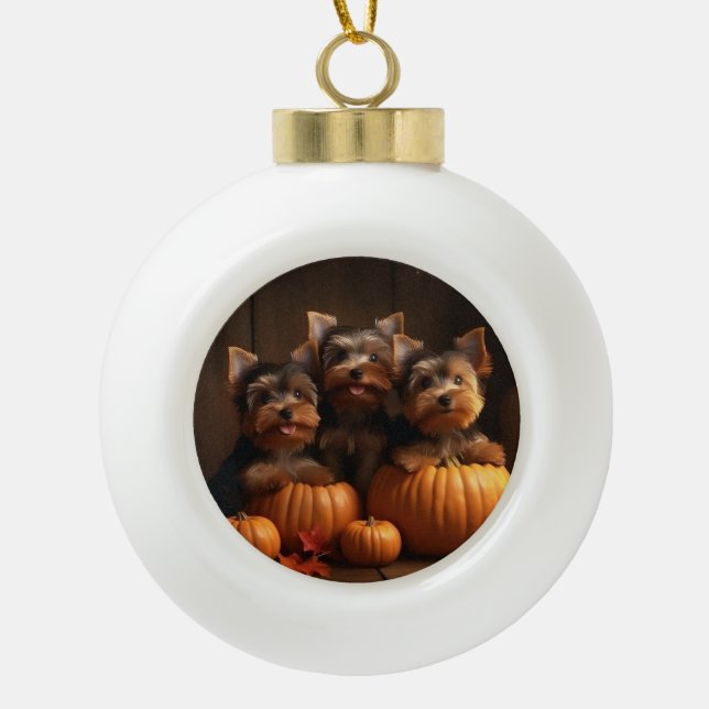 Yorkshire Terrier Puppy Autumn Delight Pumpkin  Ceramic Ball Christmas Ornament (Front)