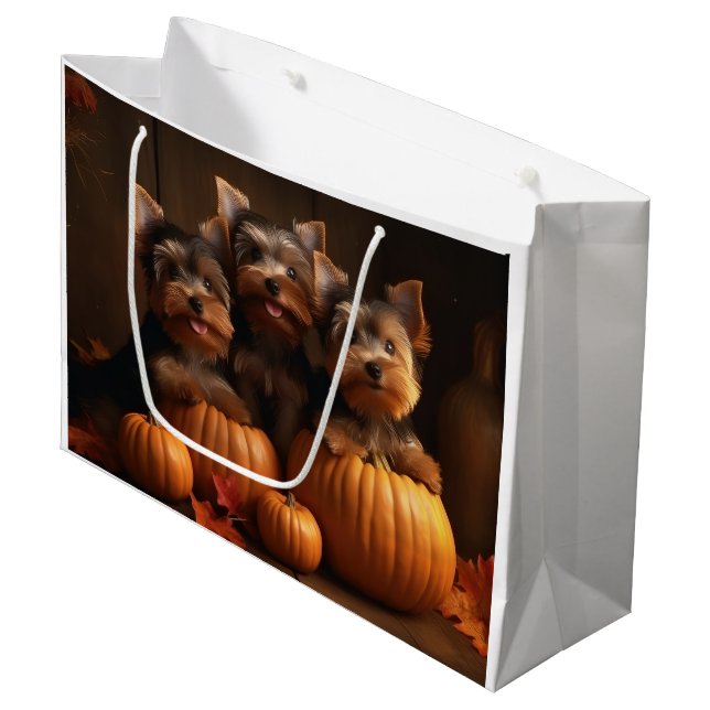 Yorkshire Terrier Puppy Autumn Delight Pumpkin  Large Gift Bag (Front Angled)