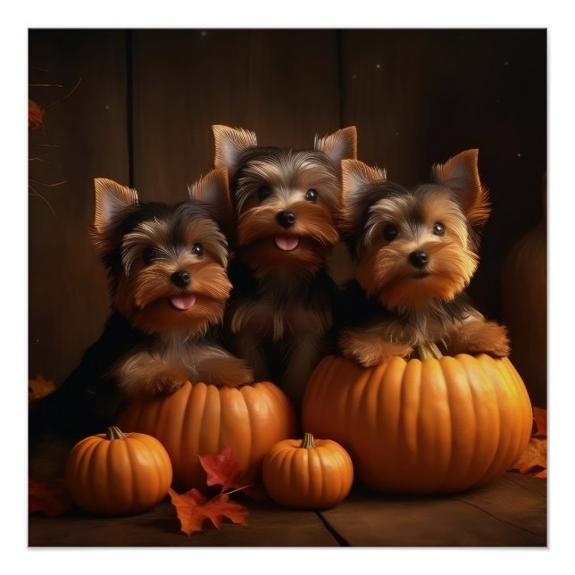 Yorkshire Terrier Puppy Autumn Delight Pumpkin  Poster (Front)