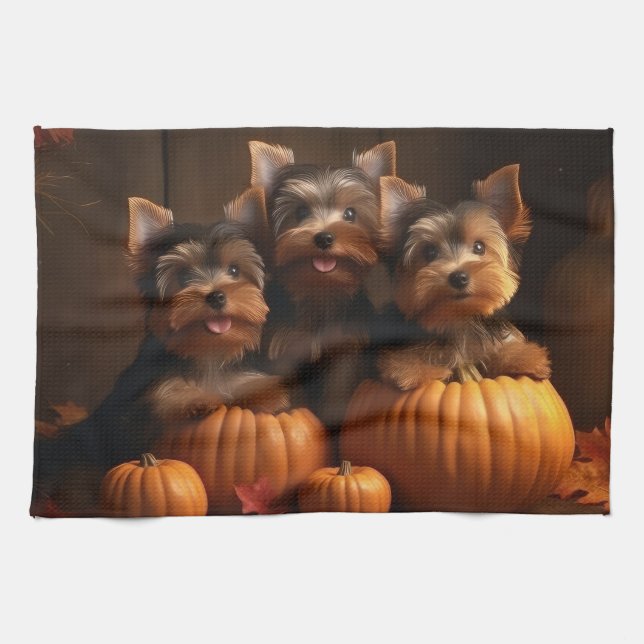 Yorkshire Terrier Puppy Autumn Delight Pumpkin  Tea Towel (Horizontal)