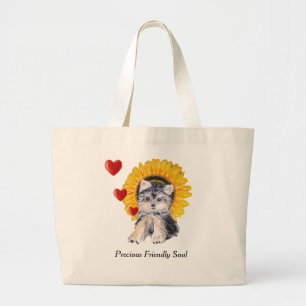 Yorkshire Terrier puppy dog, hearts & sunflower Large Tote Bag