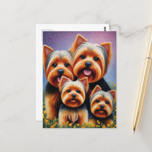 Yorkshire Terrier Puppy Family Colourful Portrait Postcard