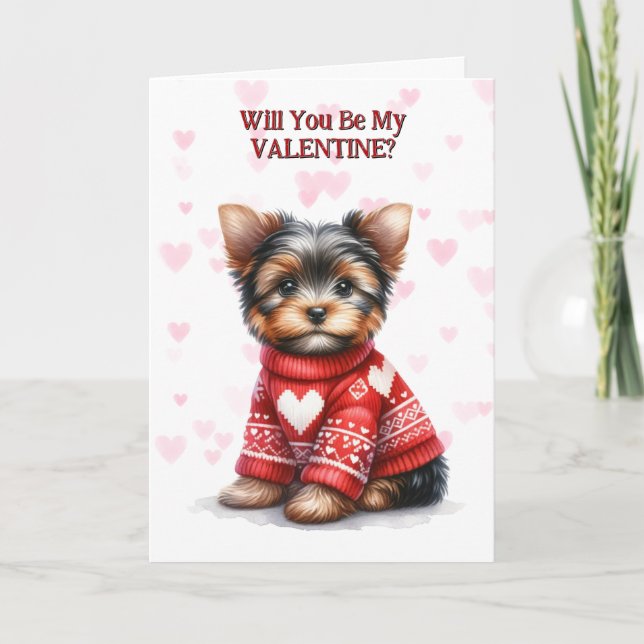 Yorkshire Terrier Puppy in Sweater Valentine Holiday Card (Front)