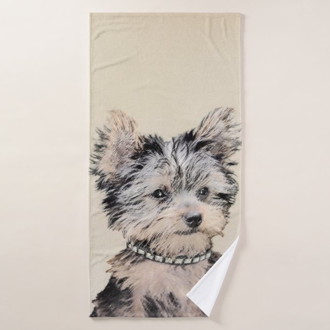 Yorkshire Terrier Puppy Painting Original Dog Art Bath Towel Set (Bath Towel)