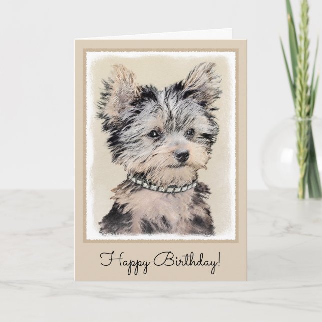 Yorkshire Terrier Puppy Painting Original Dog Art Card (Front)