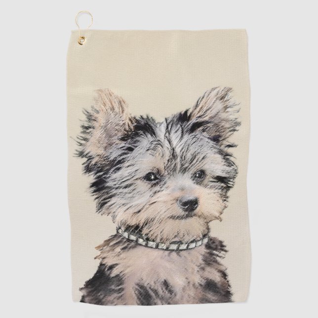 Yorkshire Terrier Puppy Painting Original Dog Art Golf Towel (Front)