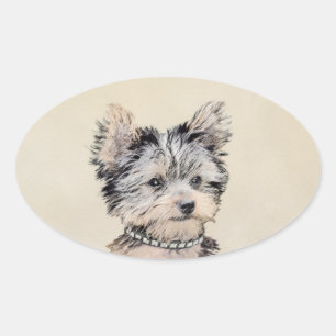 Yorkshire Terrier Puppy Painting Original Dog Art Oval Sticker