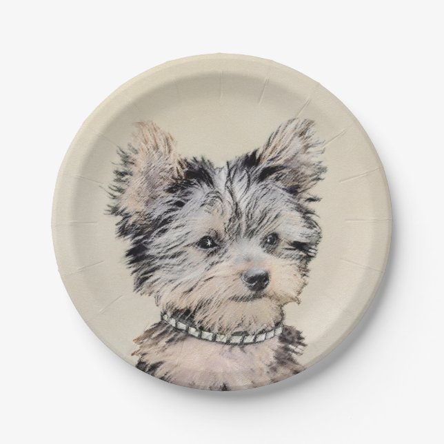 Yorkshire Terrier Puppy Painting Original Dog Art Paper Plate (Front)