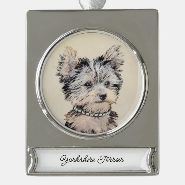 Yorkshire Terrier Puppy Painting Original Dog Art  Silver Plated Banner Ornament (Front)