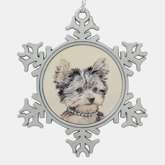 Yorkshire Terrier Puppy Painting Original Dog Art Snowflake Pewter Christmas Ornament (Front)