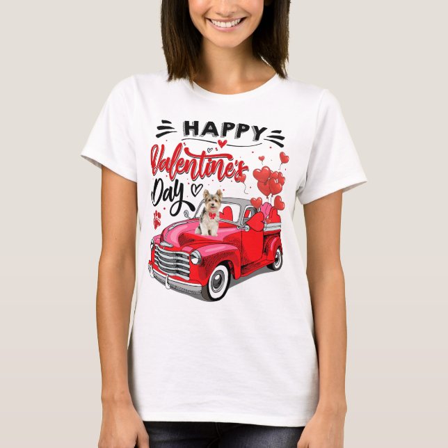 Yorkshire Terrier Red Truck Happy Valentine's Day  T-Shirt (Front)