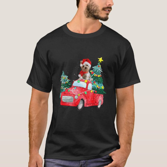 Yorkshire Terrier Ride Red Truck Christmas Yorkie  T-Shirt (Front)