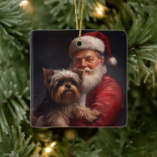 Yorkshire Terrier Santa Claus Festive Christmas Ceramic Ornament (Tree)