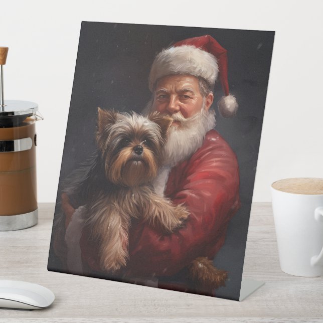 Yorkshire Terrier Santa Claus Festive Christmas Pedestal Sign (In SItu)