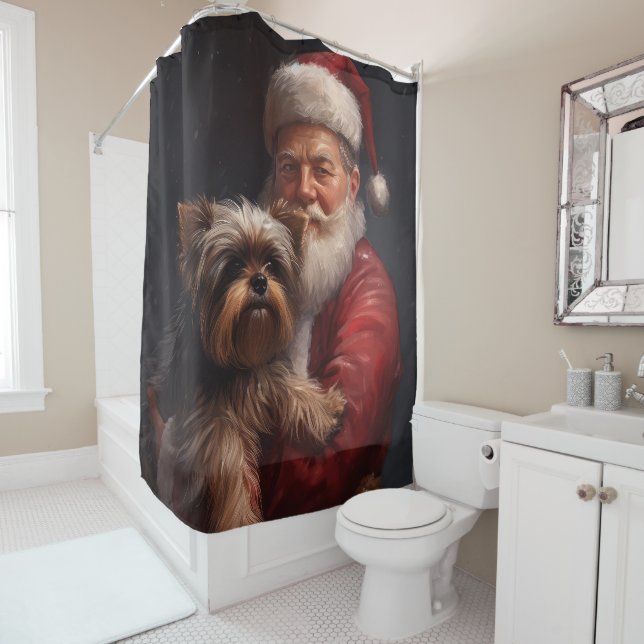 Yorkshire Terrier Santa Claus Festive Christmas Shower Curtain (In Situ)