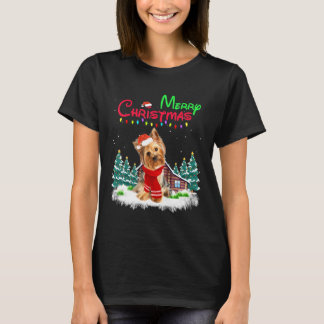Yorkshire Terrier Santa Hat Christmas Lights Merry T-Shirt