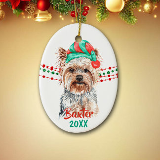 Yorkshire Terrier Santa Hat Holiday String Beads Ceramic Tree Decoration