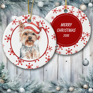Yorkshire Terrier Santa Hat Red Snowflake Ceramic Tree Decoration