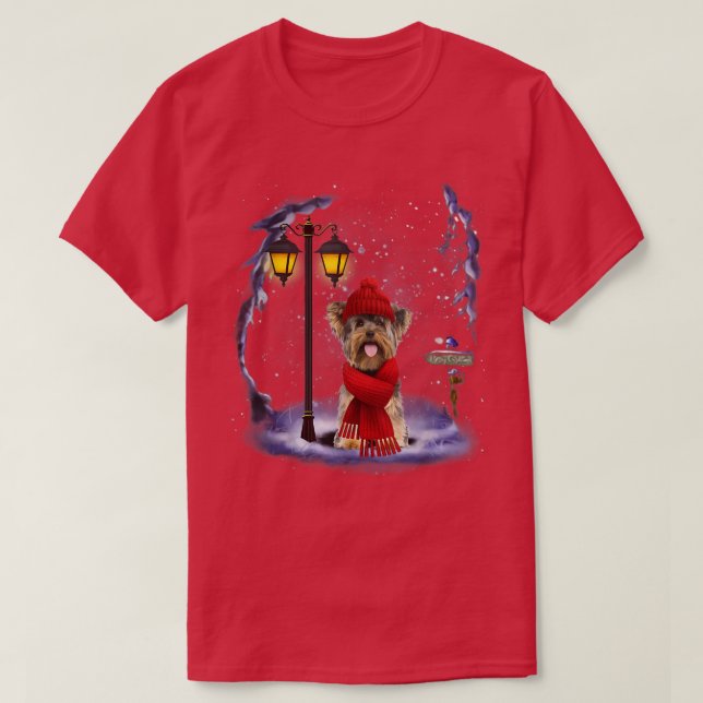 Yorkshire Terrier Santa Snow Christmas Light Winte T-Shirt (Design Front)