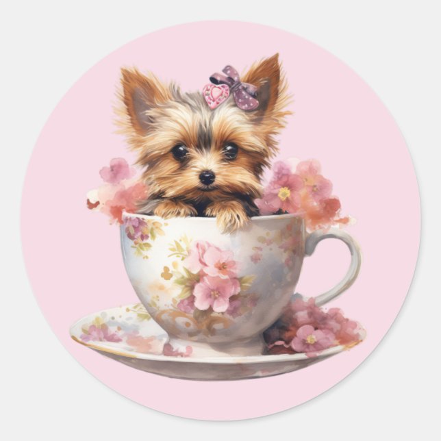 Yorkshire Terrier Sitting in Tea Cup With Flowers Classic Round Sticker (Front)