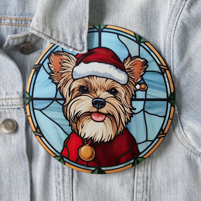 Yorkshire Terrier Stained Glass Christmas 6 Cm Round Badge (In Situ)