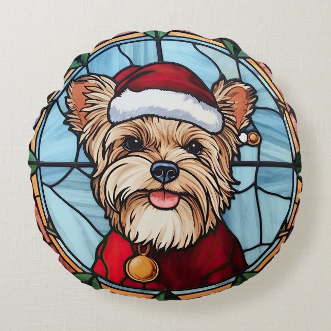 Yorkshire Terrier Stained Glass Christmas Round Cushion (Front)
