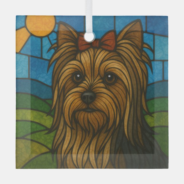 Yorkshire Terrier "Stained Glass"  Glass Tree Decoration (Front)