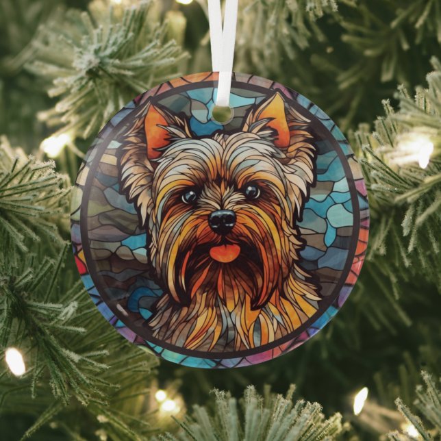 Yorkshire Terrier Stained Glass Tree Decoration (Insitu)