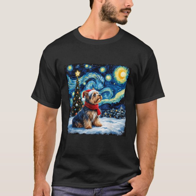 Yorkshire Terrier Starry Night Christmas Van Gogh  T-Shirt (Front)