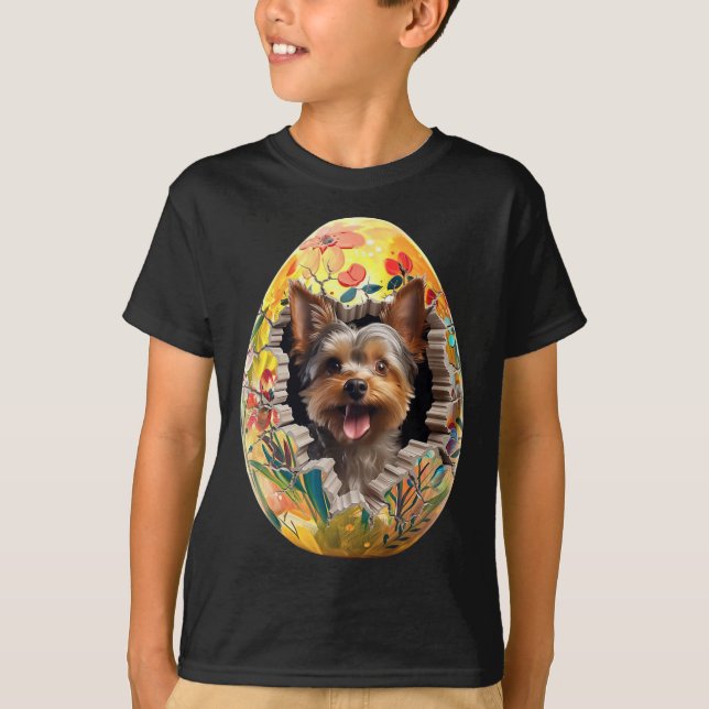 Yorkshire Terrier Torn Easter Egg Funny Dog Easter T-Shirt (Front)