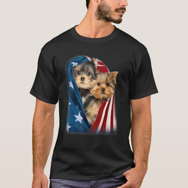 Yorkshire Terrier Us Flag July 4th Patriotic Yorki T-Shirt (Front)