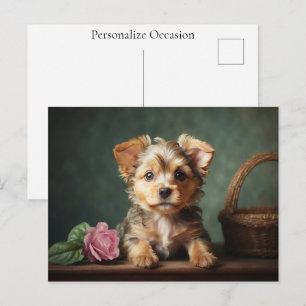 Yorkshire Terrier Vintage Cute Puppy Rose Portrait Holiday Postcard