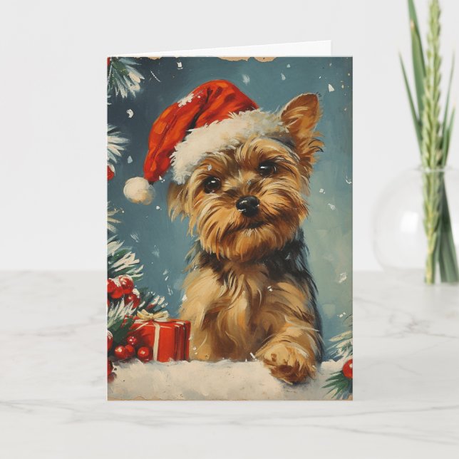 Yorkshire Terrier vintage personalised Christmas  Holiday Card (Front)