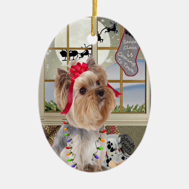 Yorkshire Terrier Watching For Santa Ornament (Front)