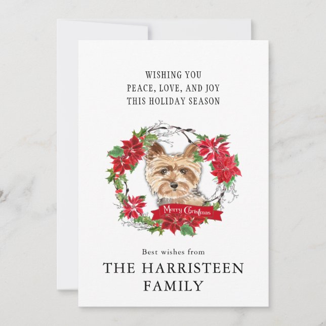 Yorkshire Terrier Watercolor Poinsettia Christmas Holiday Card (Front)