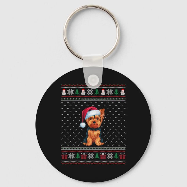 Yorkshire Terrier Wearing Santa Hat Ugly Xmas Dog  Key Ring (Front)
