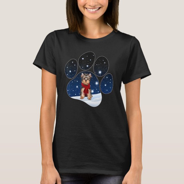 Yorkshire Terrier Winter Snow Paw Dogs Christmas T-Shirt (Front)
