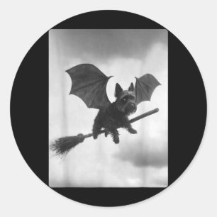 Yorkshire Terrier Witch Broom Bat Wings Spooky Classic Round Sticker