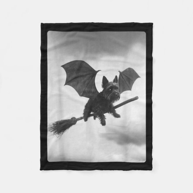 Yorkshire Terrier Witch Broom Bat Wings Spooky Fleece Blanket (Front)