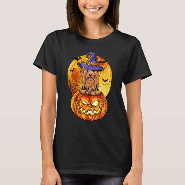 Yorkshire Terrier Witch Pumpkin Halloween Dog T-Shirt (Front)