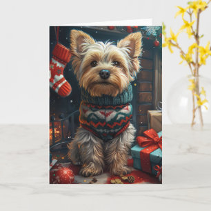 Yorkshire Terrier With Christmas Gifts Fireplace Card