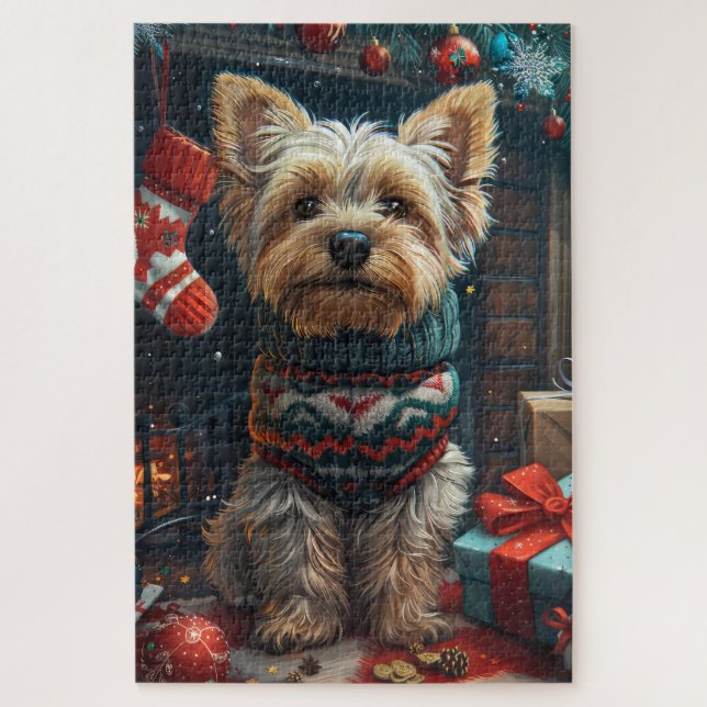 Yorkshire Terrier With Christmas Gifts Fireplace Jigsaw Puzzle (Vertical)