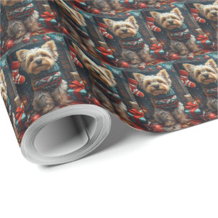 Yorkshire Terrier With Christmas Gifts Fireplace Wrapping Paper