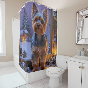 Yorkshire Terrier With Christmas Lights Holiday Shower Curtain