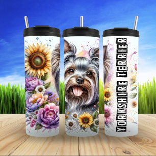 Yorkshire Terrier with Sunflowers and Blossoms Thermal Tumbler