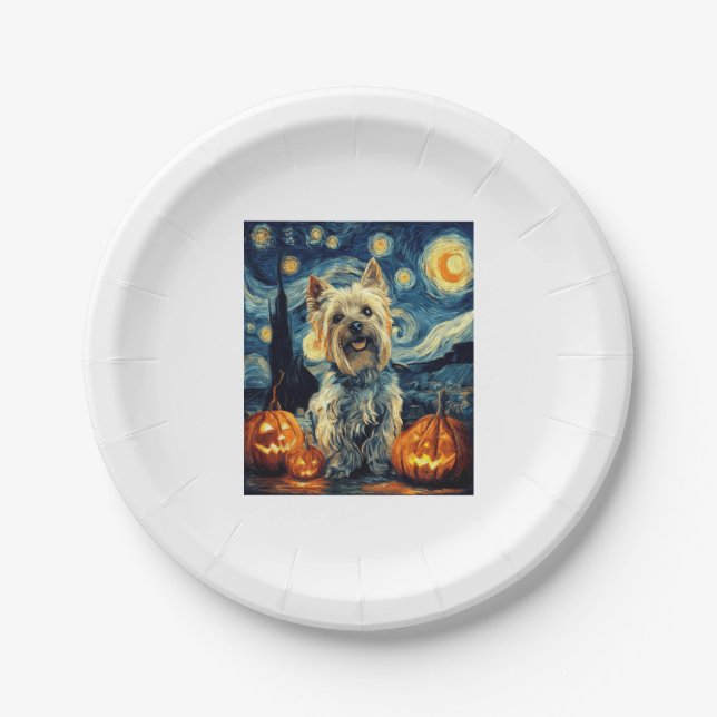 Yorkshire terrier Yorkie Dog of van gogh starry ni Paper Plate (Front)